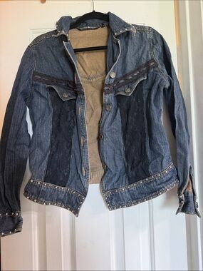 Women's Dark Blue Denim Jacket with Black Lace Panels